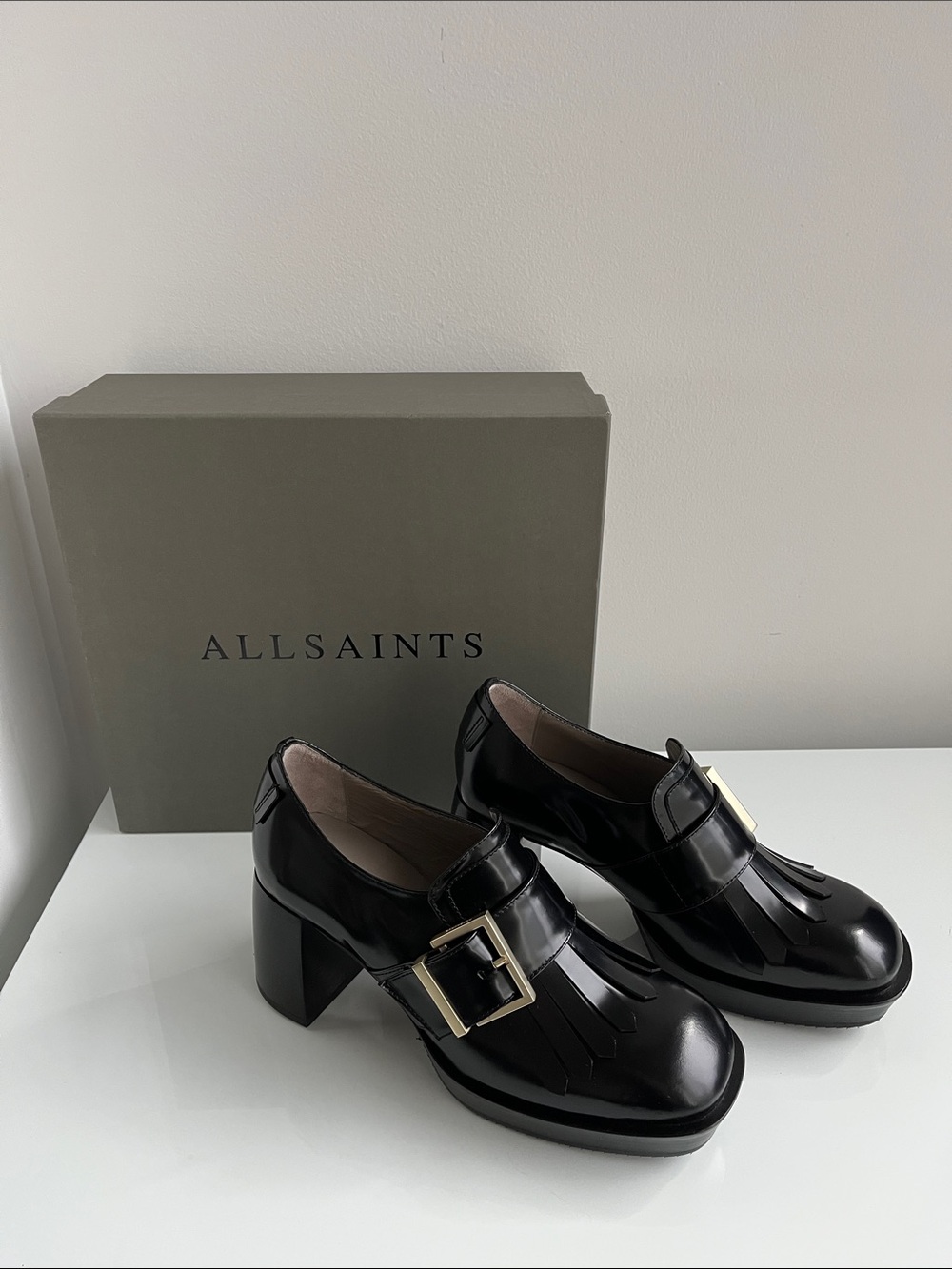 All Saints “ZIA” Black Leather Kiltie Loafers with Gold Buckle